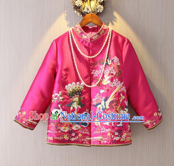 Chinese Traditional National Rosy Cheongsam Jacket Tangsuit Stand Collar Embroidered Coats for Women