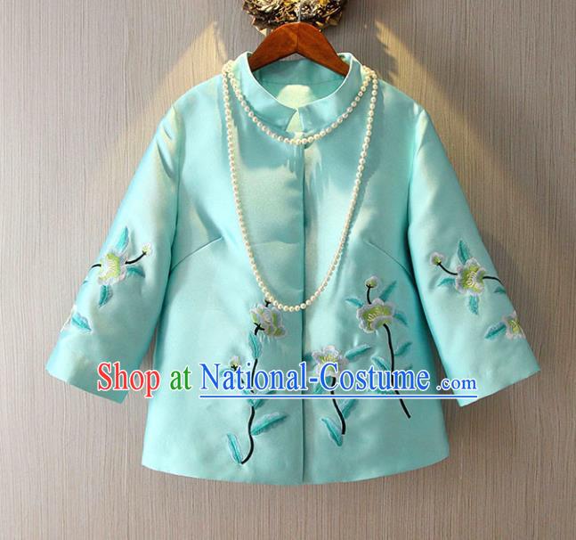 Chinese Traditional National Blue Cheongsam Jacket Tangsuit Embroidered Coats for Women