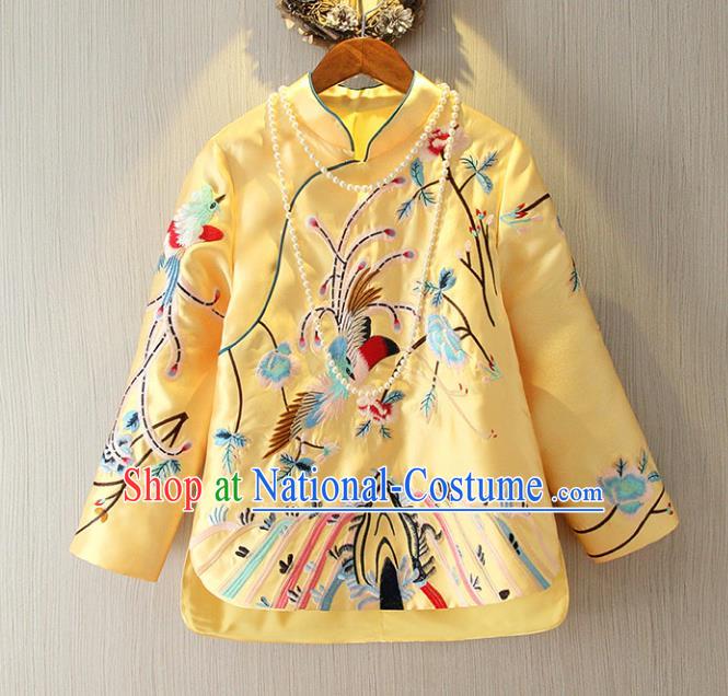 Chinese Traditional National Cheongsam Yellow Blouse Tangsuit Embroidered Shirts for Women