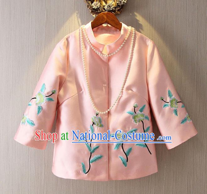 Chinese Traditional National Pink Cheongsam Jacket Tangsuit Embroidered Coats for Women