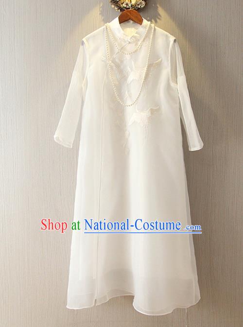 Chinese Traditional National Cheongsam Dress Tangsuit Embroidered White Qipao for Women