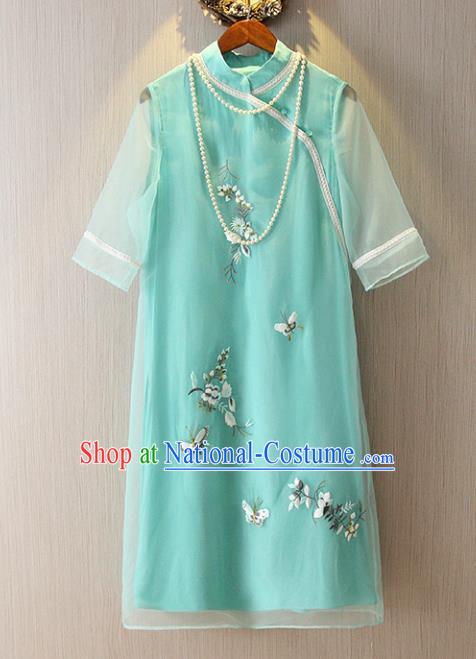 Chinese Traditional National Costume Green Cheongsam Tangsuit Embroidered Butterfly Short Dress for Women