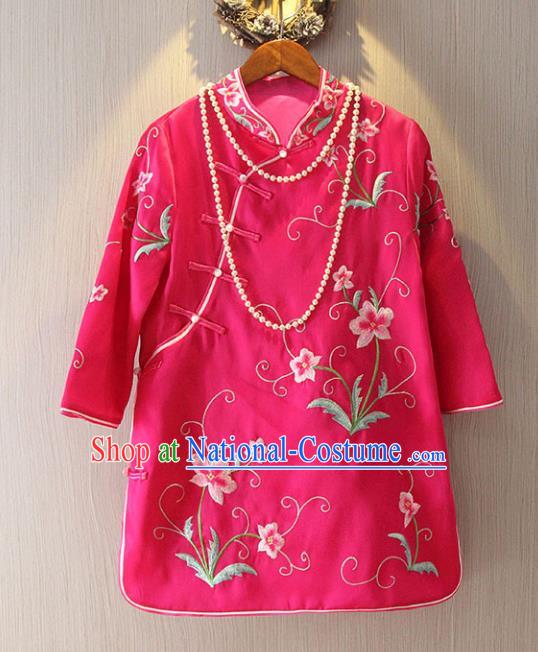 Chinese Traditional National Costume Cheongsam Blouse Tangsuit Embroidered Rosy Qipao Shirts for Women