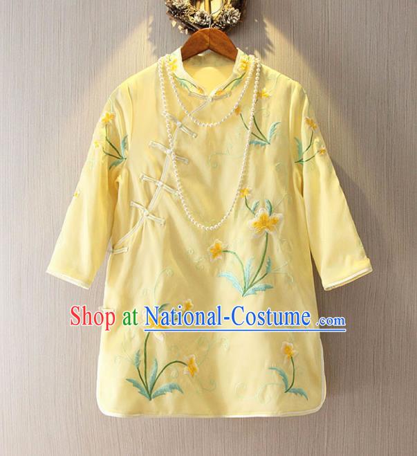 Chinese Traditional National Costume Cheongsam Blouse Tangsuit Embroidered Yellow Qipao Shirts for Women