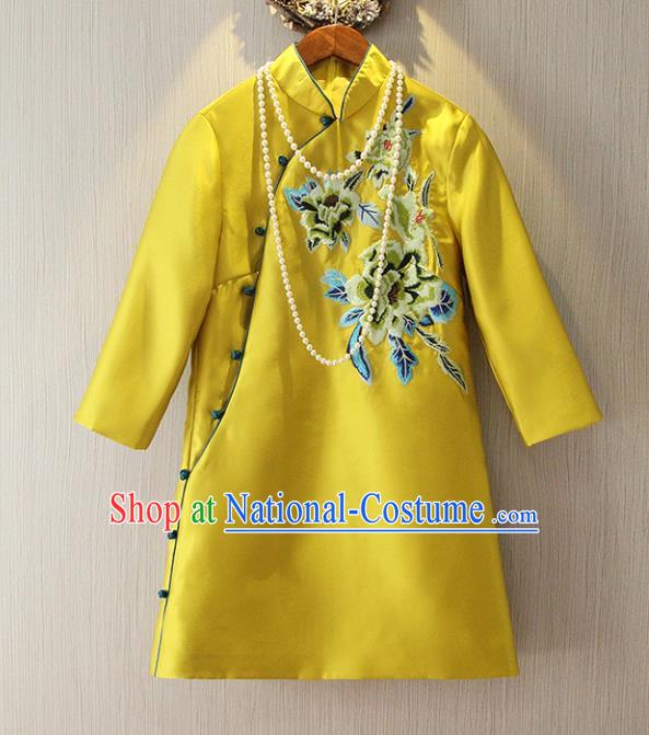 Chinese Traditional National Costume Yellow Cheongsam Tangsuit Embroidered Qipao Dress for Women