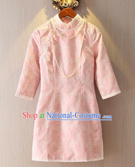 Chinese Traditional National Costume Pink Lace Cheongsam Tangsuit Embroidered Qipao Dress for Women