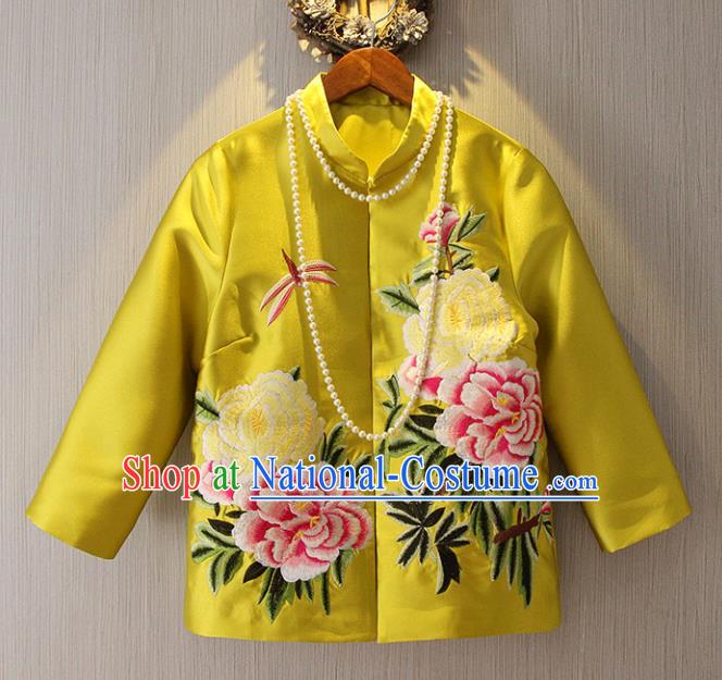 Chinese Traditional National Costume Yellow Cheongsam Jacket Tangsuit Embroidered Upper Outer Garment for Women