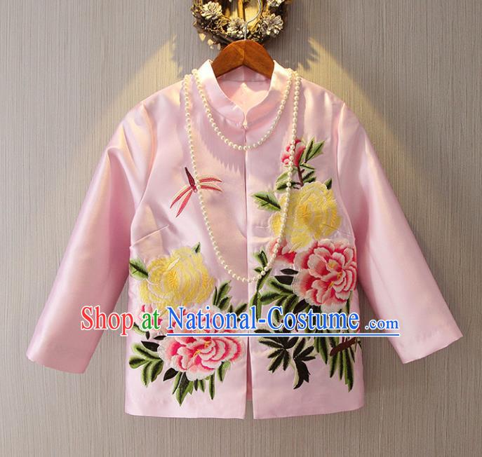 Chinese Traditional National Costume Pink Cheongsam Jacket Tangsuit Embroidered Upper Outer Garment for Women