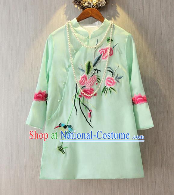 Chinese Traditional National Cheongsam Blouse Costume Embroidered Peony Tangsuit Green Shirts for Women