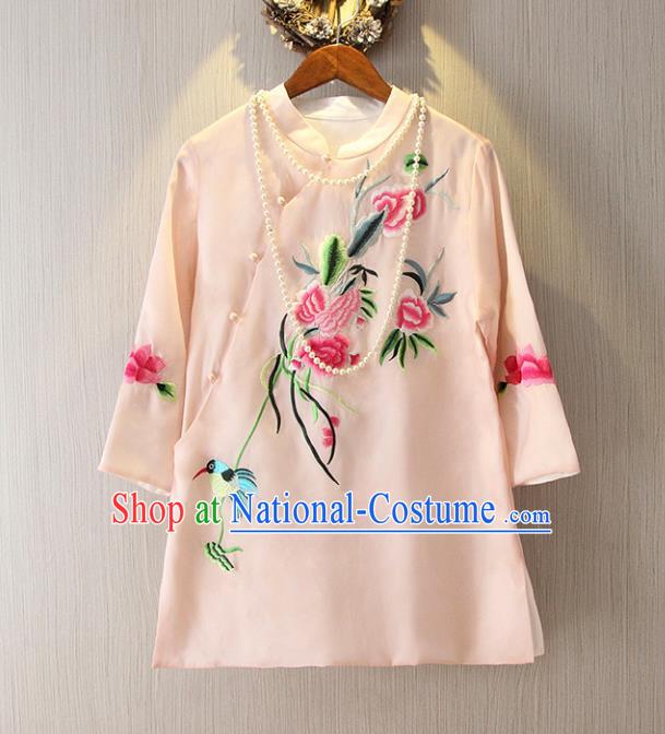 Chinese Traditional National Cheongsam Blouse Costume Embroidered Peony Tangsuit Pink Shirts for Women