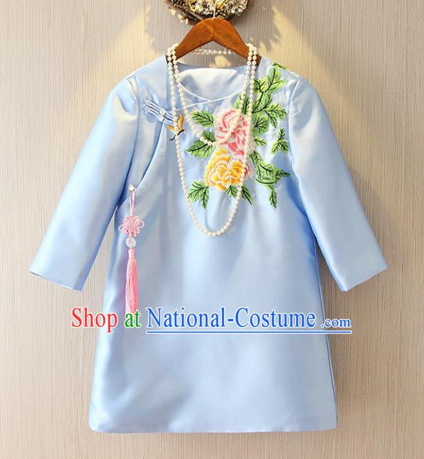 Chinese Traditional National Costume Cheongsam Blue Shirts Tangsuit Embroidered Qipao Blouse for Women