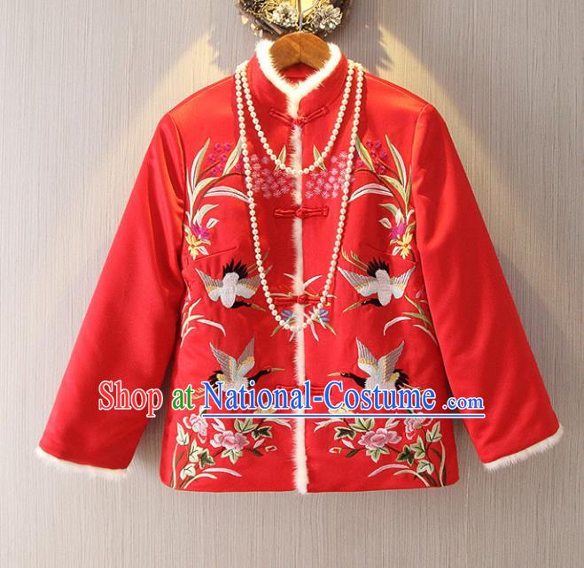 Chinese Traditional National Costume Cheongsam Cotton-padded Jacket Tangsuit Embroidered Red Coats for Women