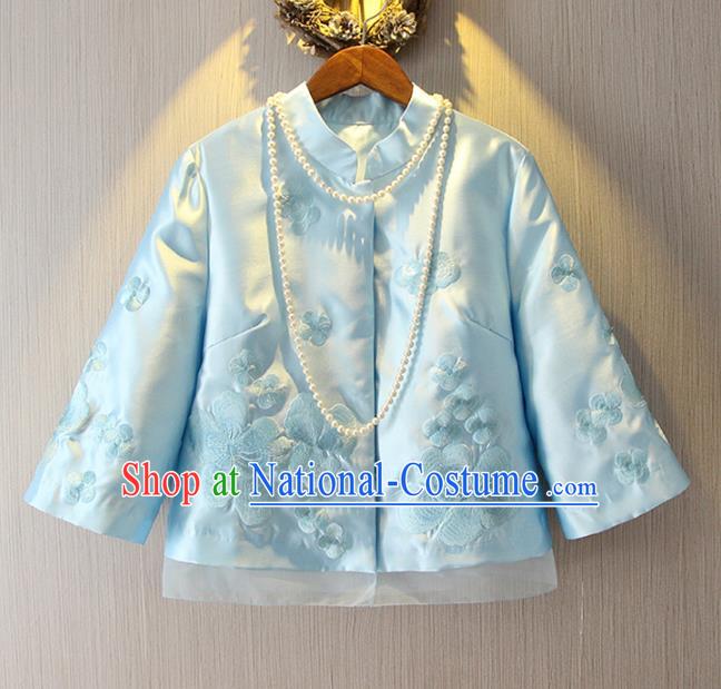 Chinese Traditional National Costume Cheongsam Coats Tangsuit Qipao Blue Jacket for Women