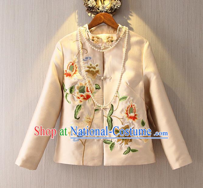 Chinese Traditional National Costume Cheongsam Coats Tangsuit Qipao Beige Jacket for Women