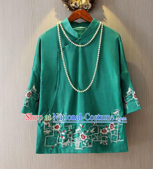 Chinese Traditional National Green Cheongsam Blouse Tangsuit Qipao Shirts for Women