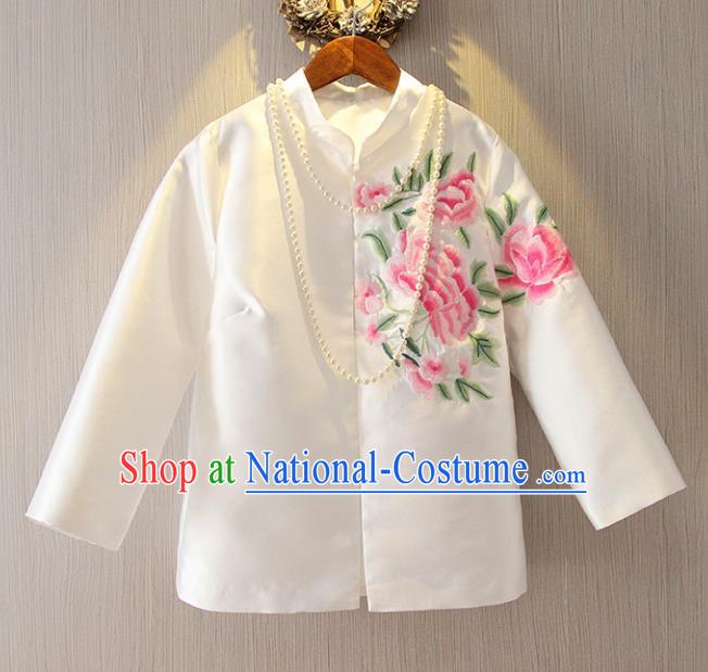 Chinese Traditional National Cheongsam Upper Outer Garment Tangsuit Qipao Embroidered White Jacket for Women