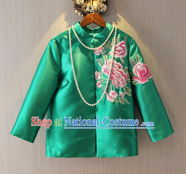 Chinese Traditional National Cheongsam Upper Outer Garment Tangsuit Qipao Embroidered Green Jacket for Women