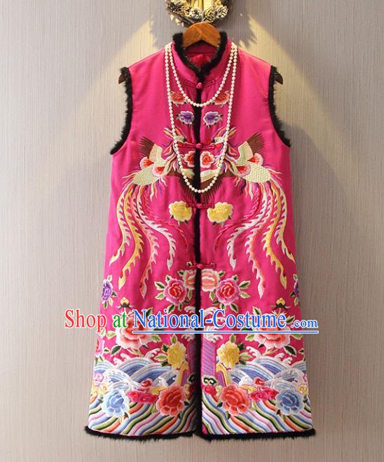 Chinese Traditional National Cheongsam Long Vest Tangsuit Embroidered Phoenix Rosy Waistcoat for Women