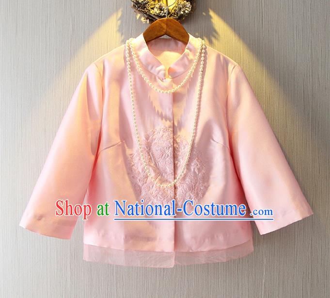 Chinese Traditional National Costume Cheongsam Pink Shirts Tangsuit Embroidered Blouse for Women