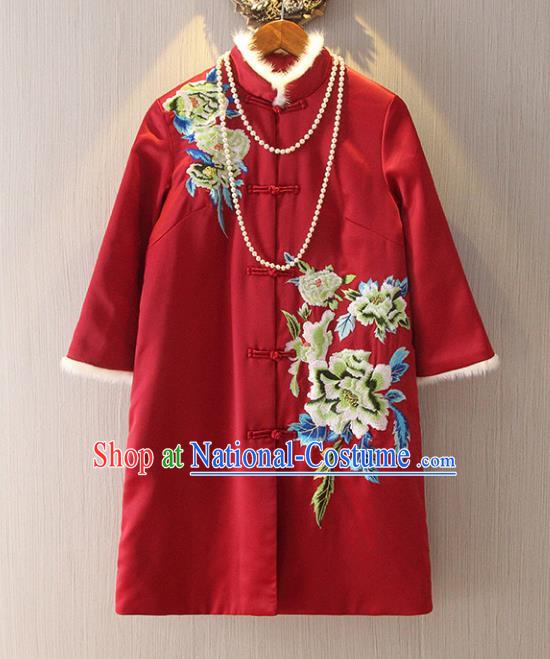 Chinese Traditional National Costume Tangsuit Embroidered Red Cotton-padded Jacket for Women