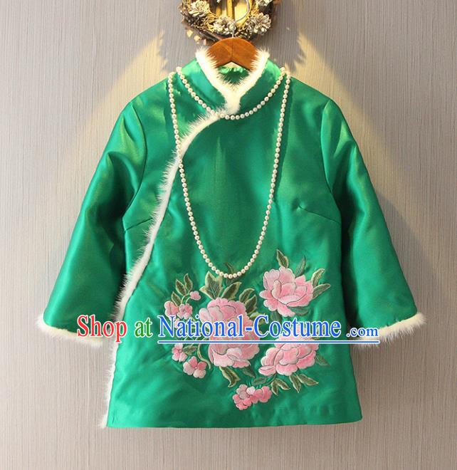 Chinese Traditional National Costume Cheongsam Blouse Tangsuit Embroidered Green Cotton-padded Jacket for Women