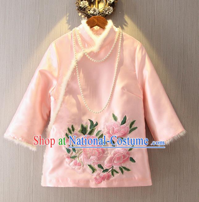 Chinese Traditional National Costume Cheongsam Blouse Tangsuit Embroidered Pink Cotton-padded Jacket for Women