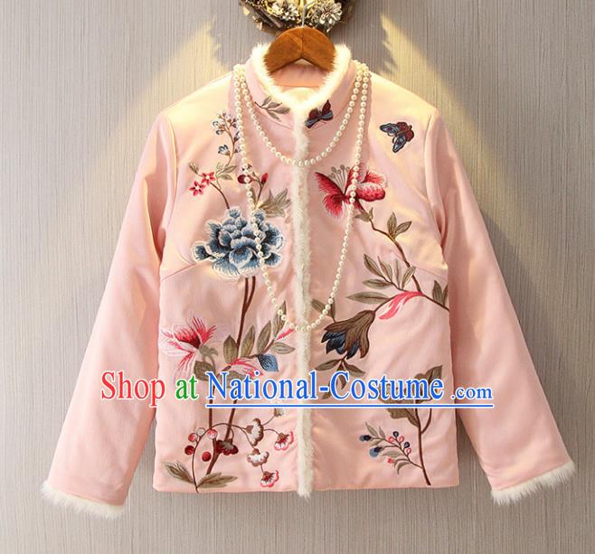 Chinese Traditional National Costume Pink Cheongsam Blouse Tangsuit Embroidered Jacket for Women