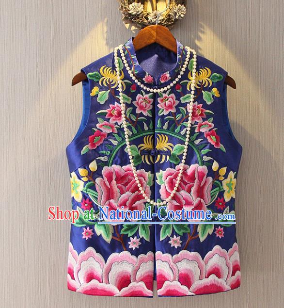 Chinese Traditional National Cheongsam Blue Vest Tangsuit Embroidered Peony Waistcoat for Women