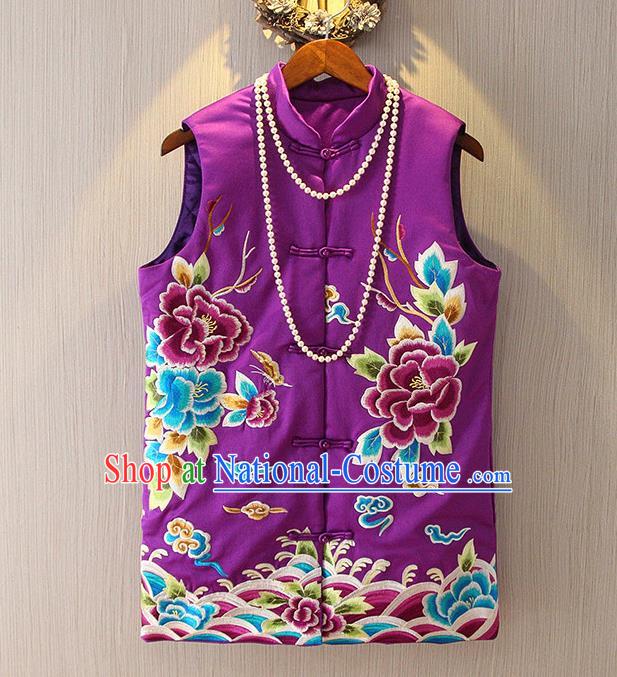 Chinese Traditional National Cheongsam Purple Vest Tangsuit Embroidered Peony Waistcoat for Women