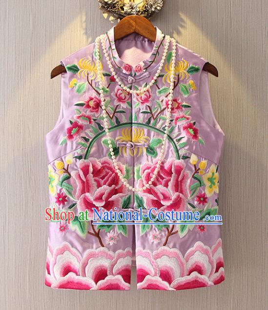 Chinese Traditional National Cheongsam Lilac Vest Tangsuit Embroidered Peony Waistcoat for Women