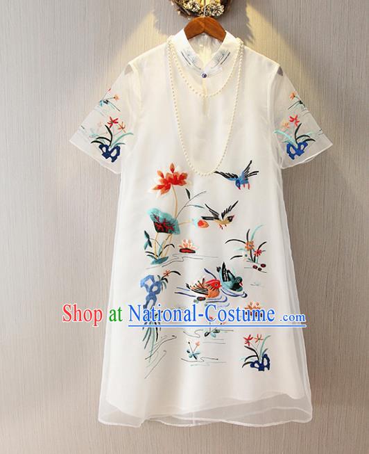 Chinese Traditional National Costume White Cheongsam Tangsuit Embroidered Mandarin Duck Dress for Women