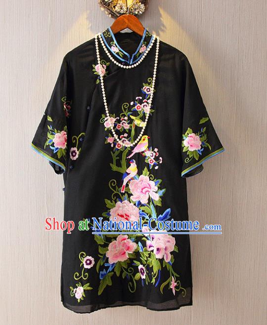 Chinese Traditional National Costume Black Cheongsam Blouse Tangsuit Embroidered Peony Shirts for Women