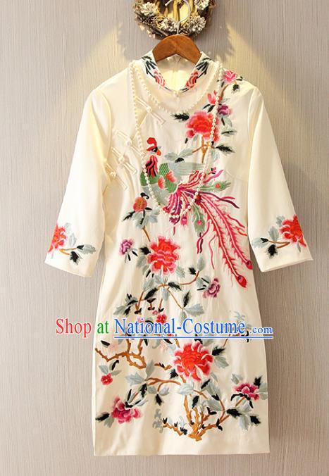 Chinese Traditional National Costume Tangsuit Embroidered Phoenix Peony White Cheongsam Dress for Women