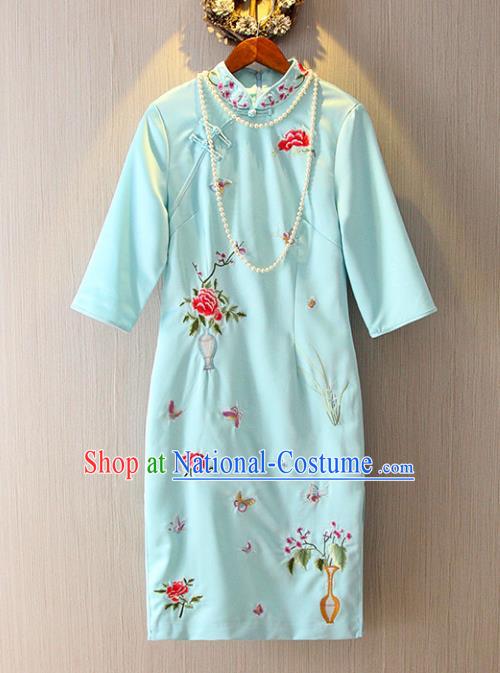 Chinese Traditional National Costume Tangsuit Embroidered Blue Cheongsam Dress for Women