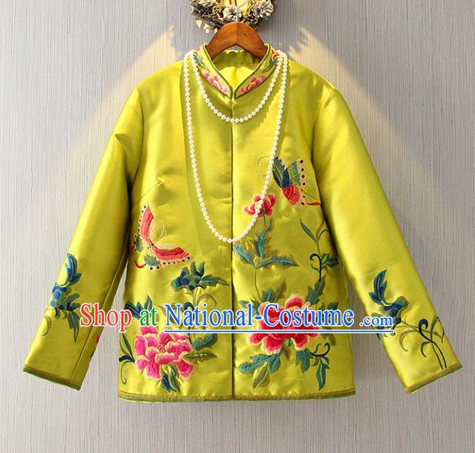 Chinese Traditional National Costume Stand Collar Cheongsam Blouse Tangsuit Embroidered Yellow Shirts for Women