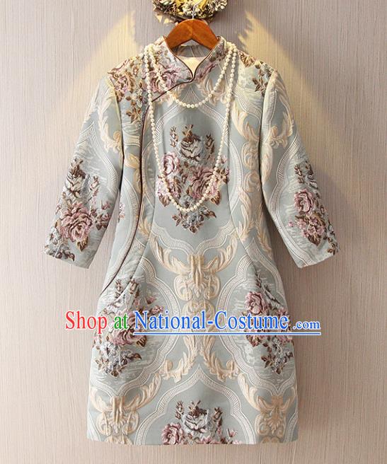 Chinese Traditional National Costume Stand Collar Cheongsam Tangsuit Embroidered Qipao Dress for Women