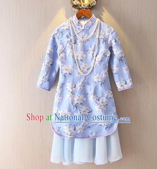 Chinese Traditional National Costume Stand Collar Blue Cheongsam Tangsuit Embroidered Qipao Dress for Women