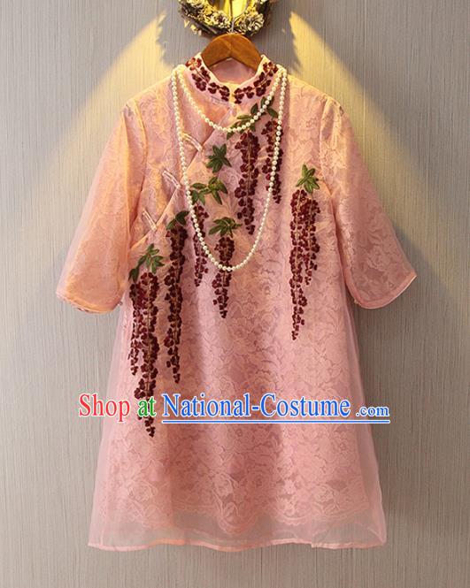 Chinese Traditional National Costume Pink Lace Cheongsam Tangsuit Embroidered Qipao Dress for Women