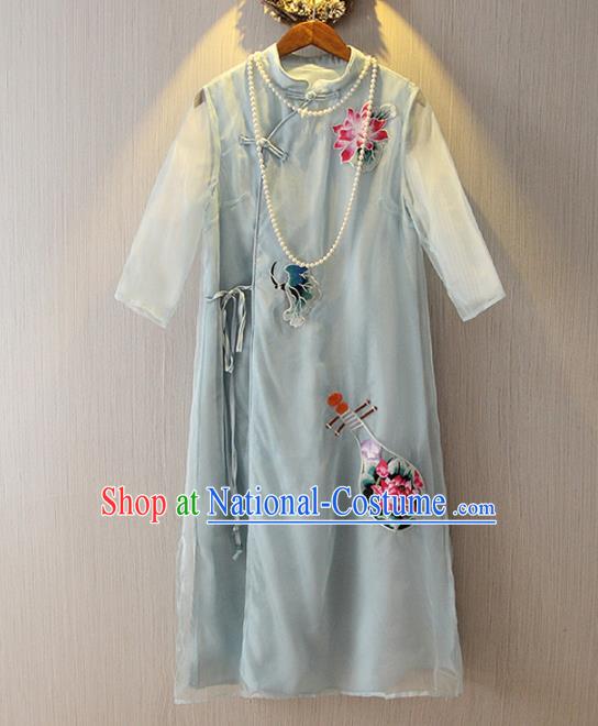 Chinese Traditional National Costume Embroidered Light Blue Cheongsam Tangsuit Qipao Dress for Women