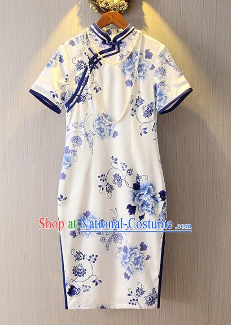 Chinese Traditional National Costume Blue and White Porcelain Cheongsam Qipao Dress for Women