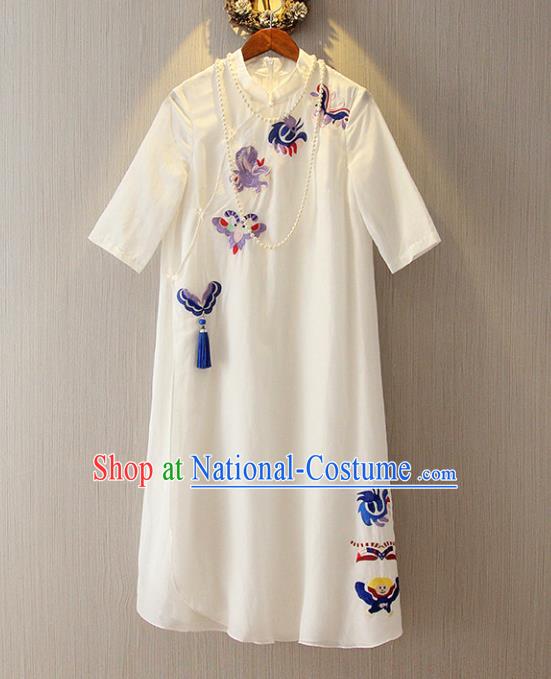 Chinese Traditional National Costume White Qipao Tangsuit Embroidered Butterfly Cheongsam Dress for Women