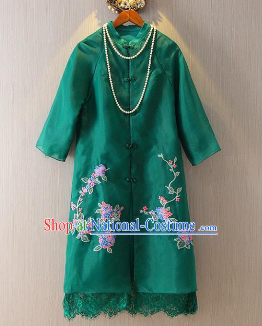 Chinese Traditional National Costume Green Coats Tangsuit Embroidered Cheongsam Dust Coat for Women