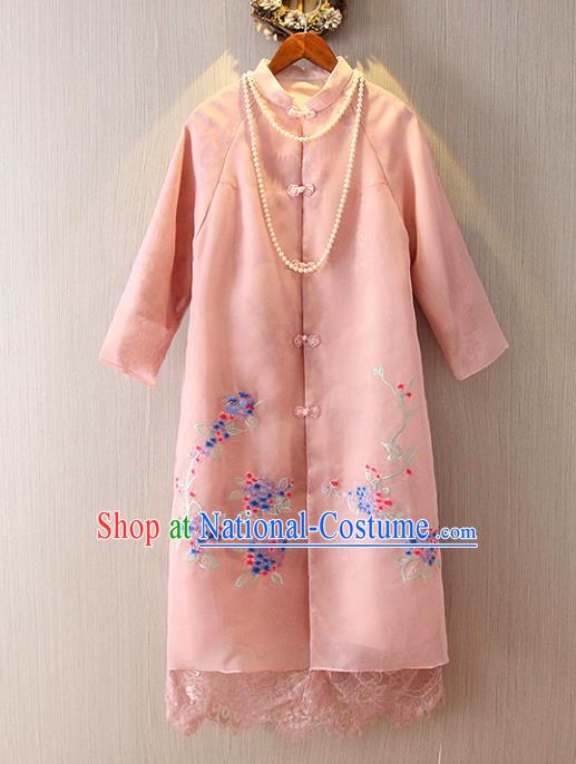 Chinese Traditional National Costume Pink Coats Tangsuit Embroidered Cheongsam Dust Coat for Women