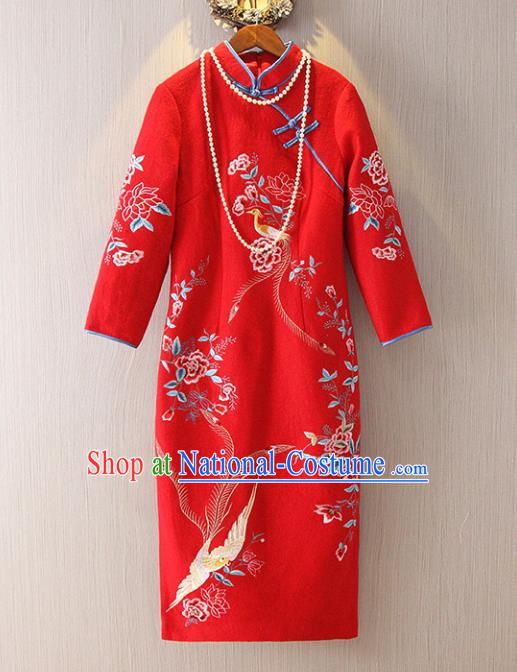 Chinese Traditional National Costume Stand Collar Red Cheongsam Tangsuit Embroidered Qipao Dress for Women