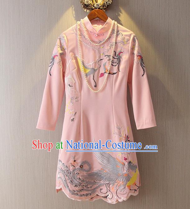 Chinese Traditional National Costume Stand Collar Pink Cheongsam Tangsuit Embroidered Qipao Dress for Women