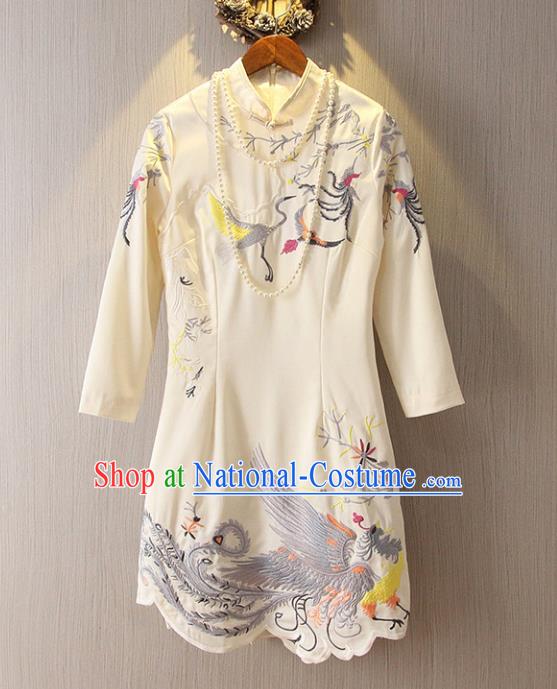 Chinese Traditional National Costume Stand Collar White Cheongsam Tangsuit Embroidered Qipao Dress for Women