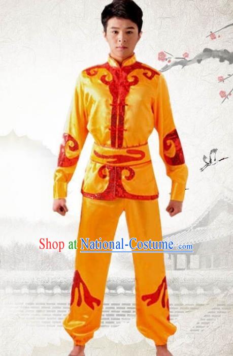 Traditional Chinese Yangge Dance Fan Dance Costume, Folk Drum Dance Dragon Boat Yellow Uniform Yangko Clothing for Men