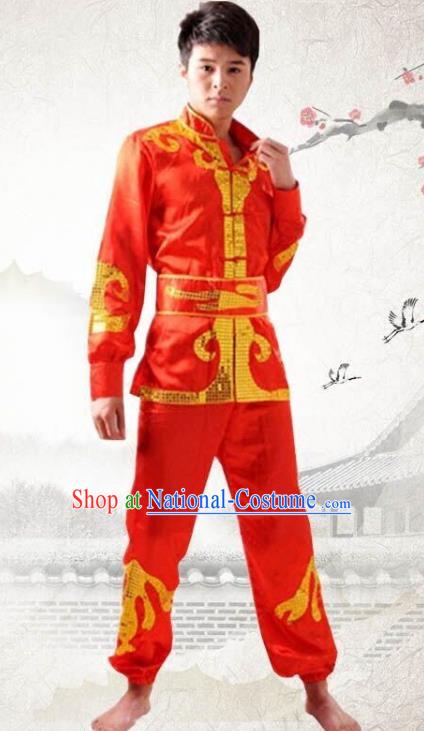 Traditional Chinese Yangge Dance Fan Dance Costume, Folk Drum Dance Dragon Boat Red Uniform Yangko Clothing for Men