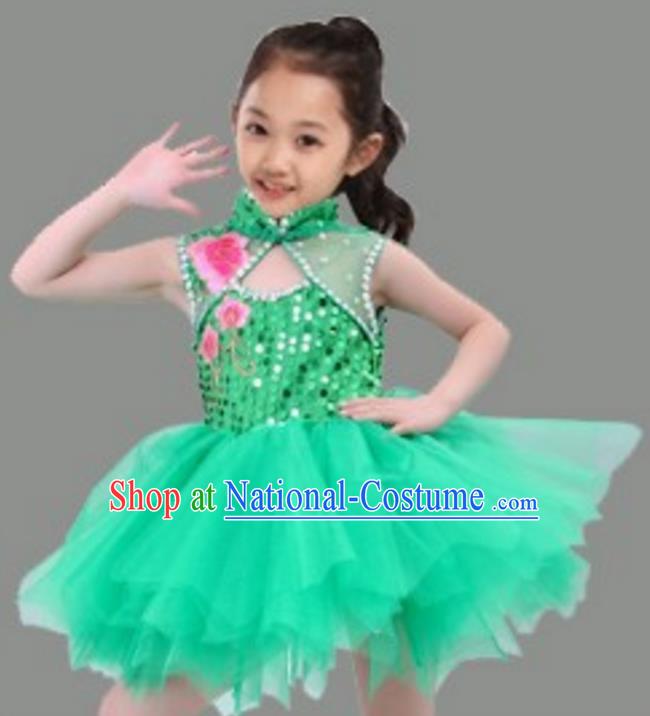 Chinese Classical Stage Performance Dance Costume, Children Chorus Modern Dance Green Dress for Kids