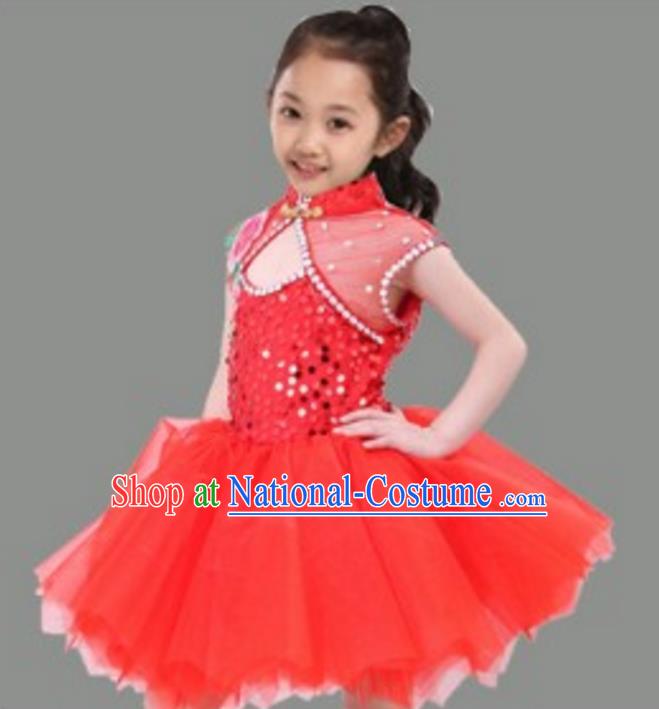 Chinese Classical Stage Performance Dance Costume, Children Chorus Modern Dance Red Dress for Kids